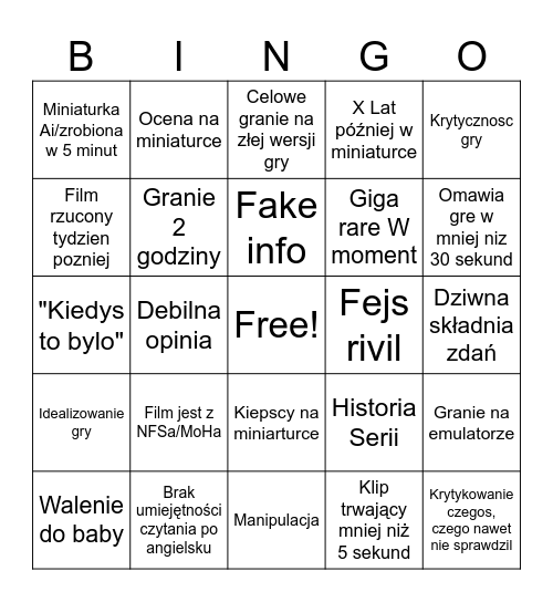 Choski Bingo Card