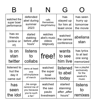 the weeknd stan Bingo Card