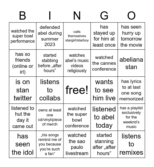 the weeknd stan Bingo Card