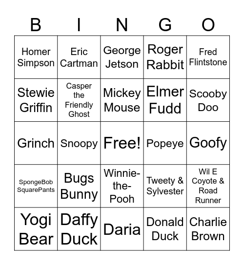 Popular Animated Characters Bingo Card