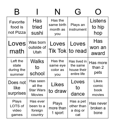 Middle School Bingo Card