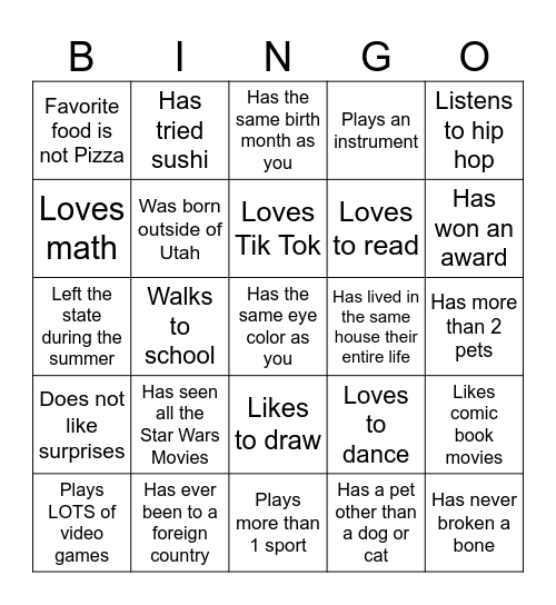 Middle School Bingo Card
