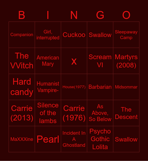 Scary/horror movies Bingo Card