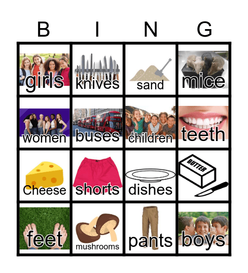 plural nouns Bingo Card