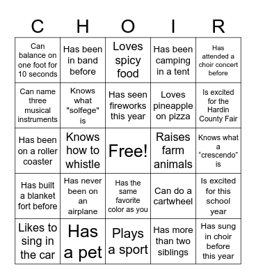 Choir Bingo! Bingo Card