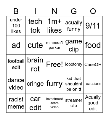Tiktok Bingo Card