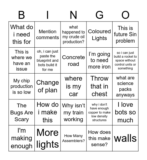 Factorio Bingo Card