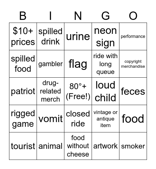 Amusement Park Bingo Card
