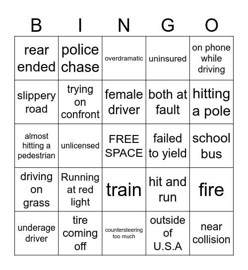 Idiots in Cars Bingo Card
