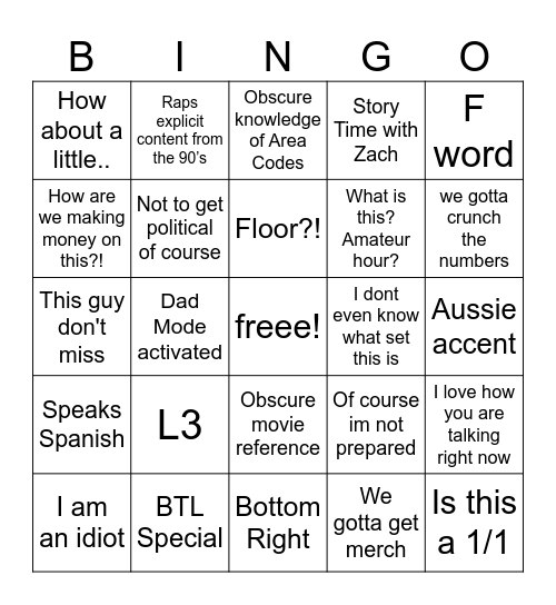 Zach's Bingo Card Bingo Card
