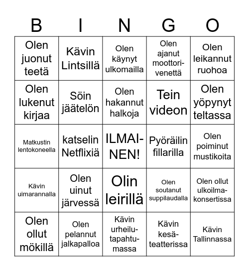 Mitä teit viime kesänä? Bingo Card