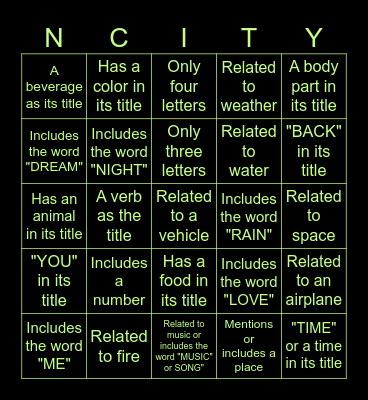 NCT Song Title Game Bingo Card