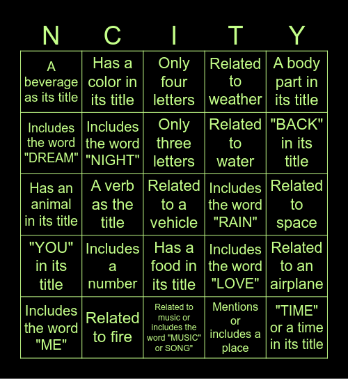 NCT Song Title Game Bingo Card