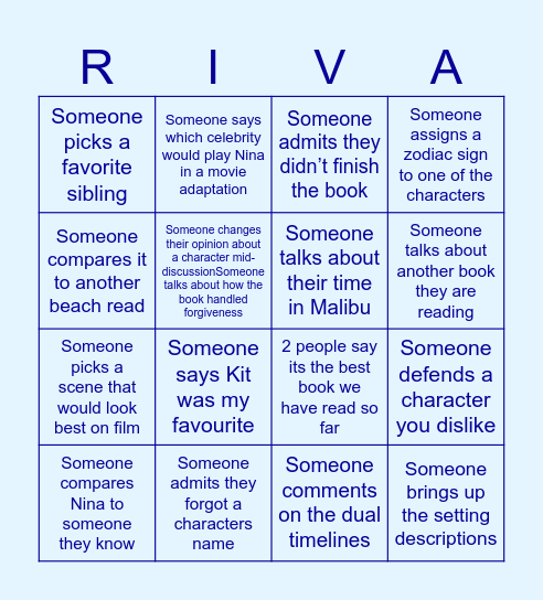 Malibu Rising Book Club Bingo Card