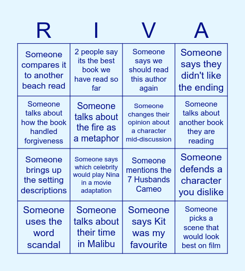 Malibu Rising Book Club Bingo Card