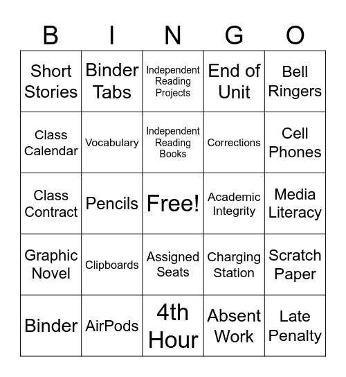 LA9 Syllabus Bingo Card