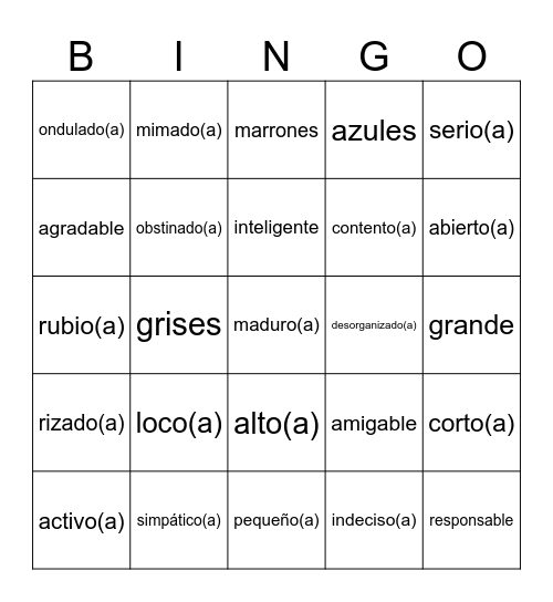 Los Descripciones - TY Spanish Bingo Card