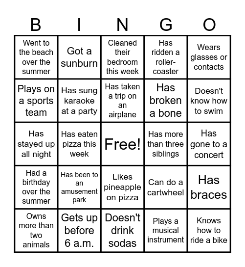 Classroom Bingo Card