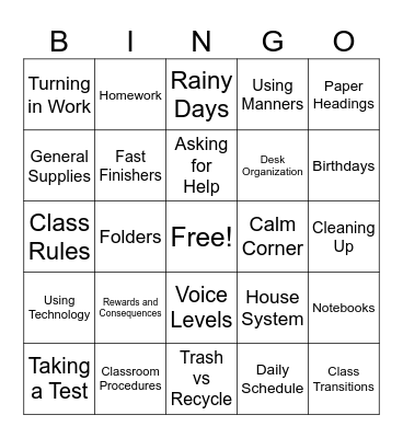 Rules and Procedures Bingo Card