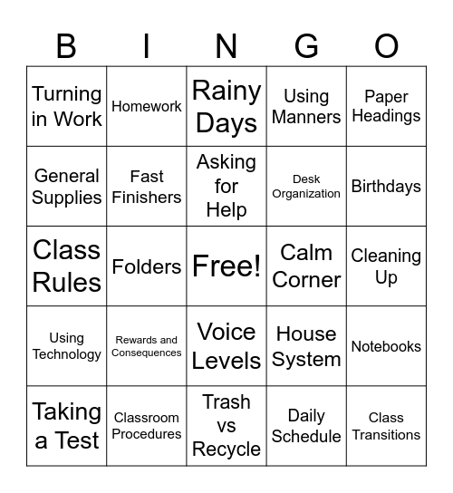 Rules and Procedures Bingo Card