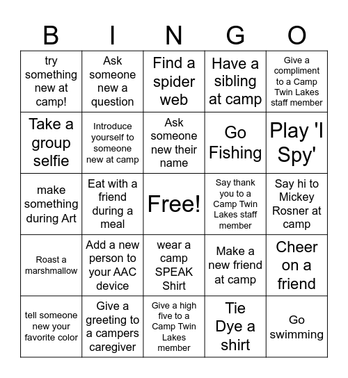 Camp Speak Bingo Card