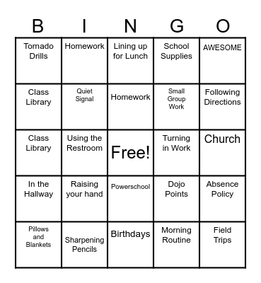 Back to School: Classroom Procedures Bingo Card