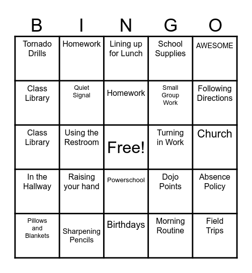Back to School: Classroom Procedures Bingo Card