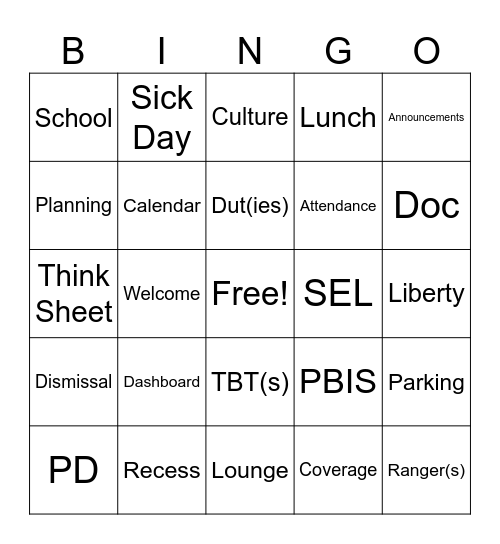 Welcome Back Staff Meeting Bingo Card