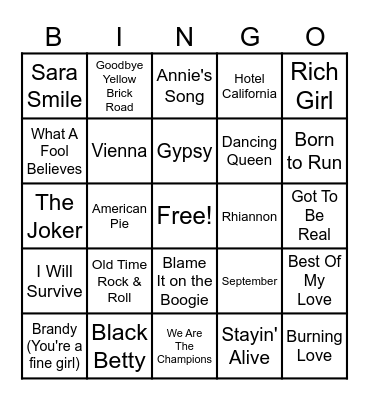 70s Music Bingo Card