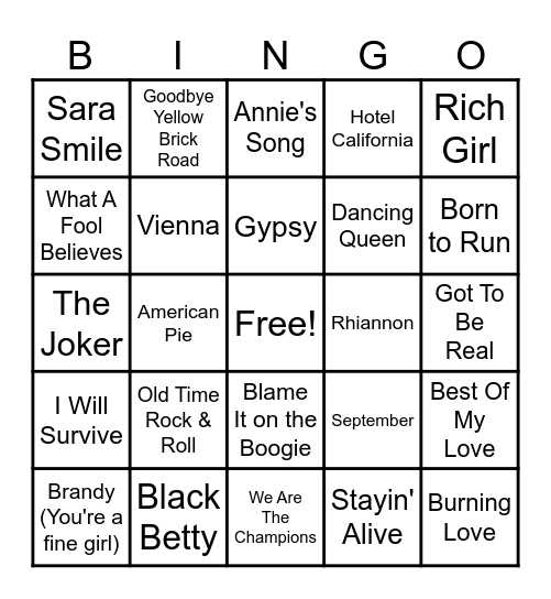 70s Music Bingo Card