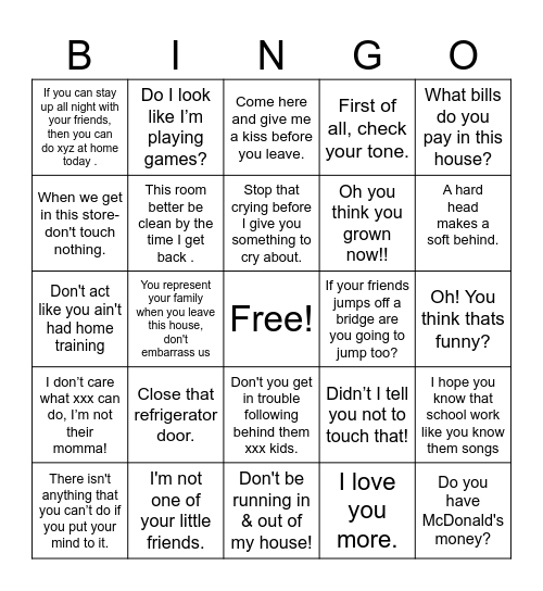 Black Mama Sayings Bingo Card
