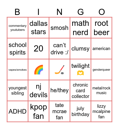 Cal’s Bingo Card