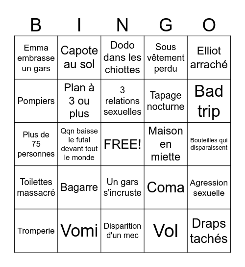 Bingo soirée d'elliot Bingo Card
