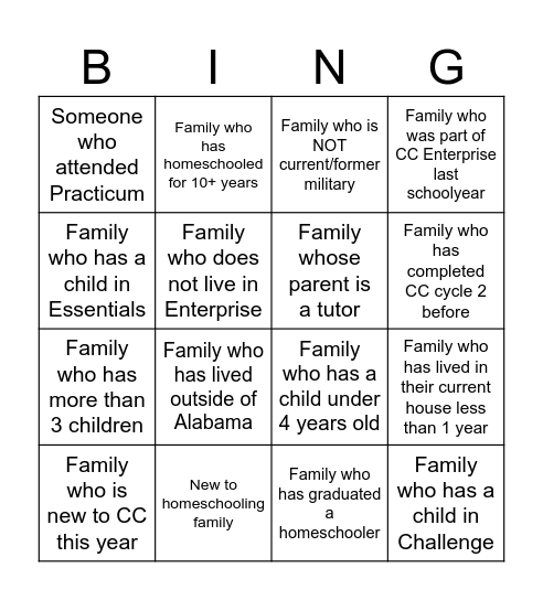 Classical Conversations of Enterprise Bingo Card