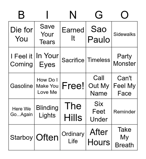 The Weeknd Bingo Card
