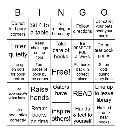Library Rules Bingo Card