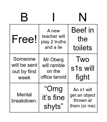 First day back at school Bingo Card