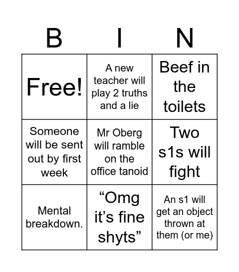 First day back at school Bingo Card