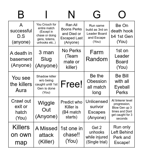 Dead by Daylight U&Anyone Bingo Card