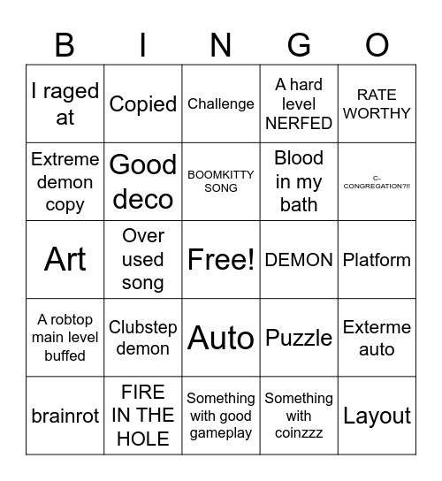 Geometry dash card Bingo Card