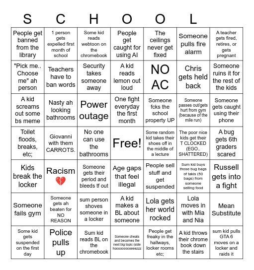 Things that will happen in 7th grade Bingo Card