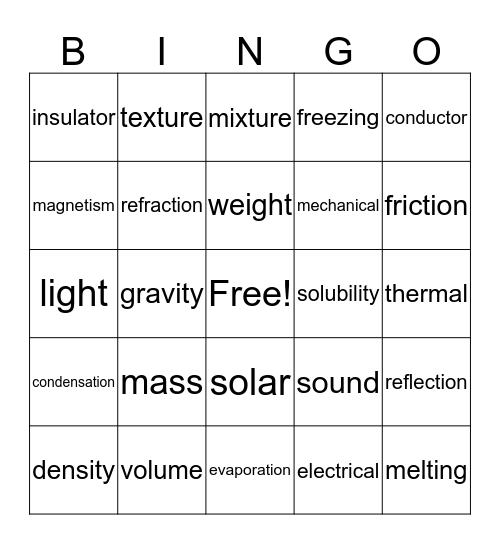 Physical Science Bingo Card