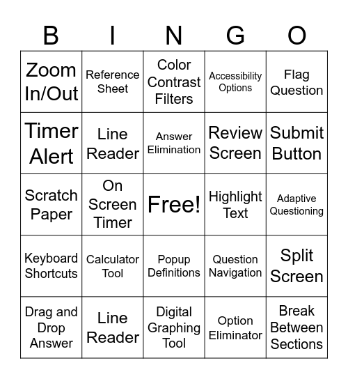 SAT MATH BINGO Card