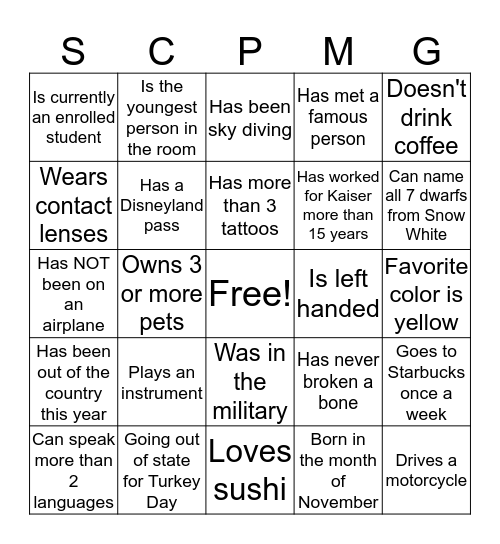 SCPMG Thanksgiving Bingo Card