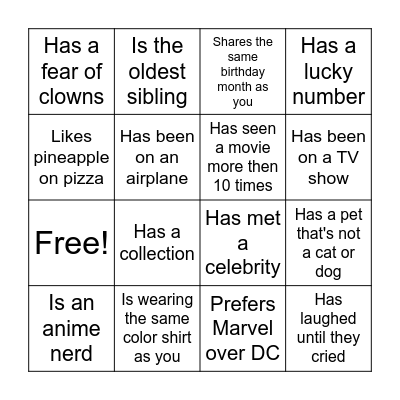1st Week Bingo Card
