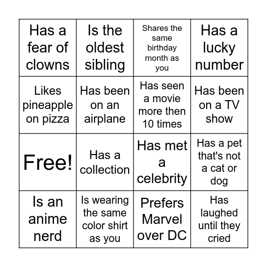 1st Week Bingo Card