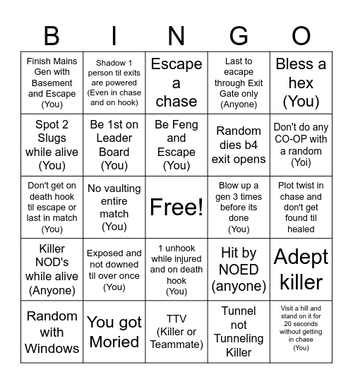 DBD surivor Just for you Bingo Card