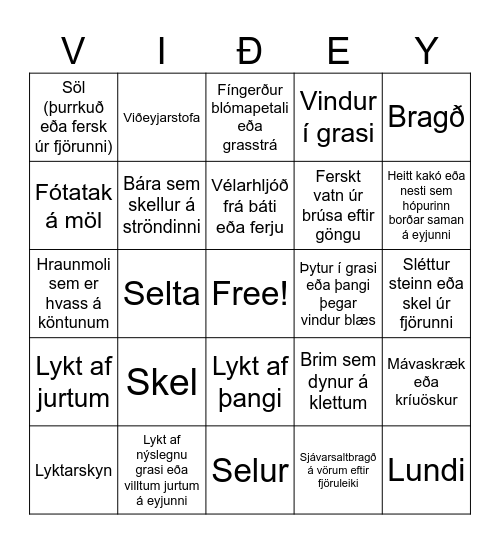 Sjón - snerting - heyrn - lykt - bragð Bingo Card