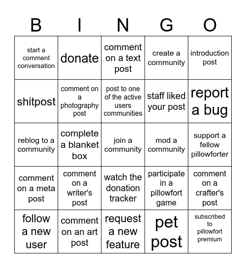 PILLOWFORT Bingo Card