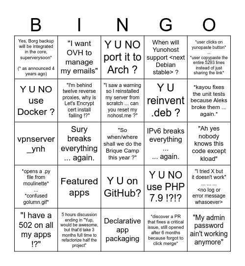 Yunohost Bingo Card